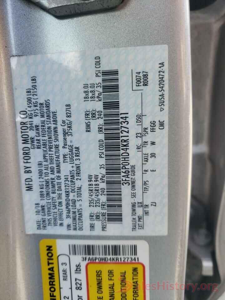 3FA6P0HD4KR127341 2019 FORD FUSION