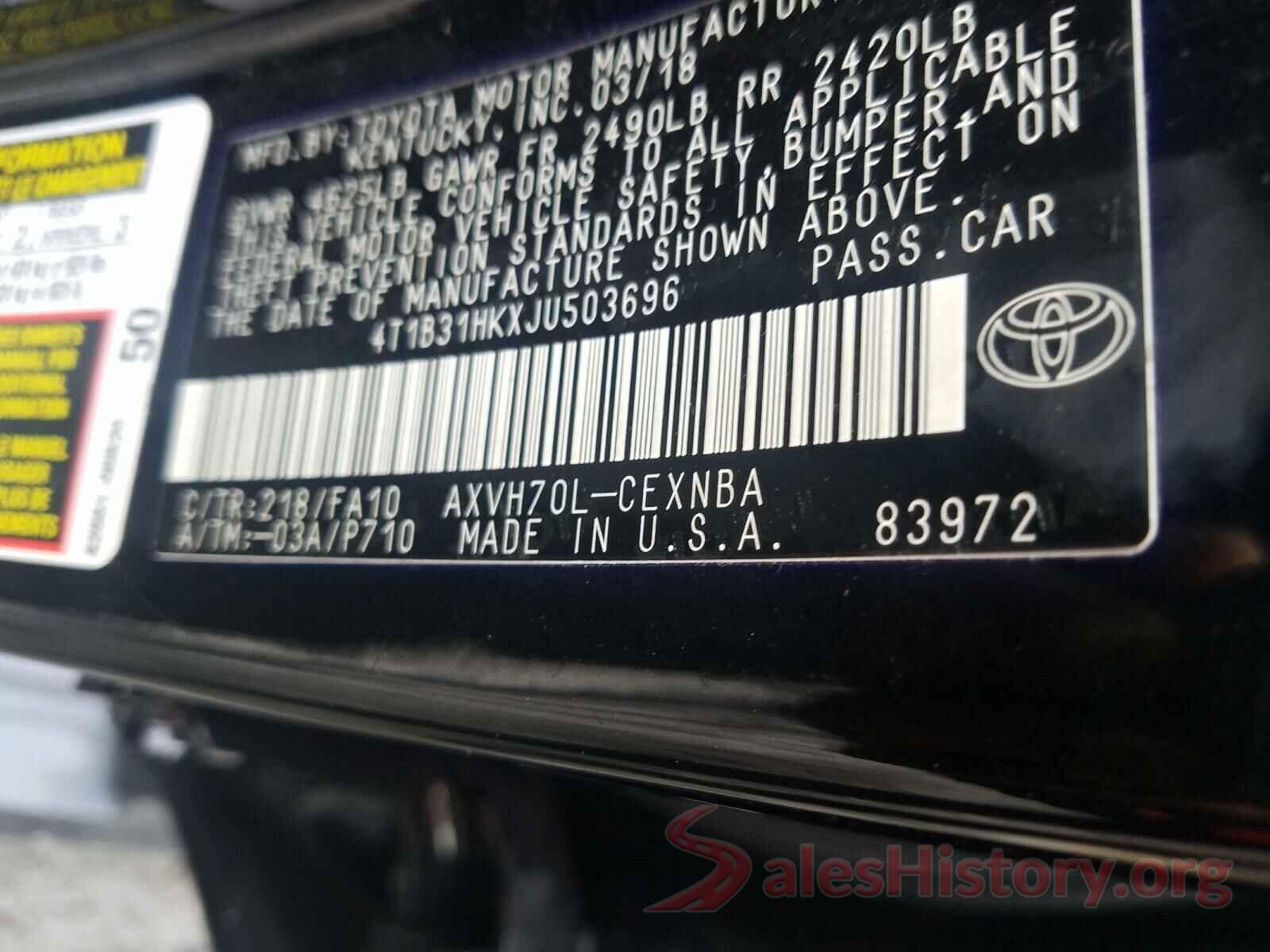 4T1B31HKXJU503696 2018 TOYOTA CAMRY