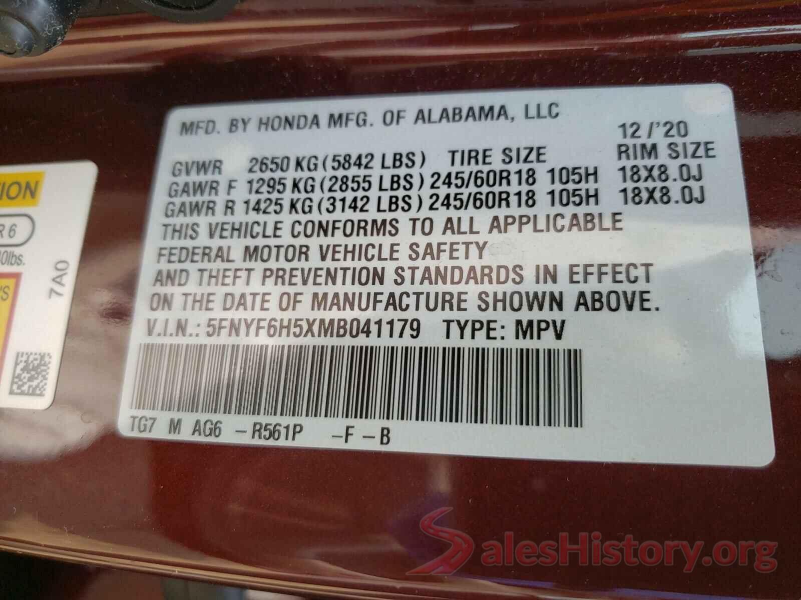 5FNYF6H5XMB041179 2021 HONDA PILOT