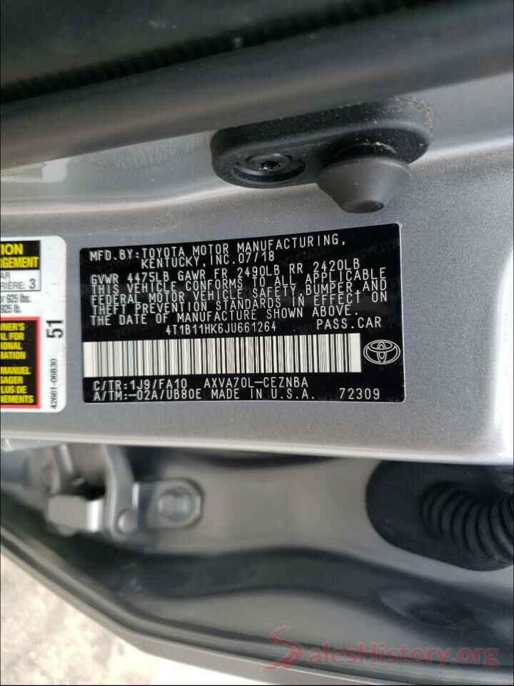 4T1B11HK6JU661264 2018 TOYOTA CAMRY