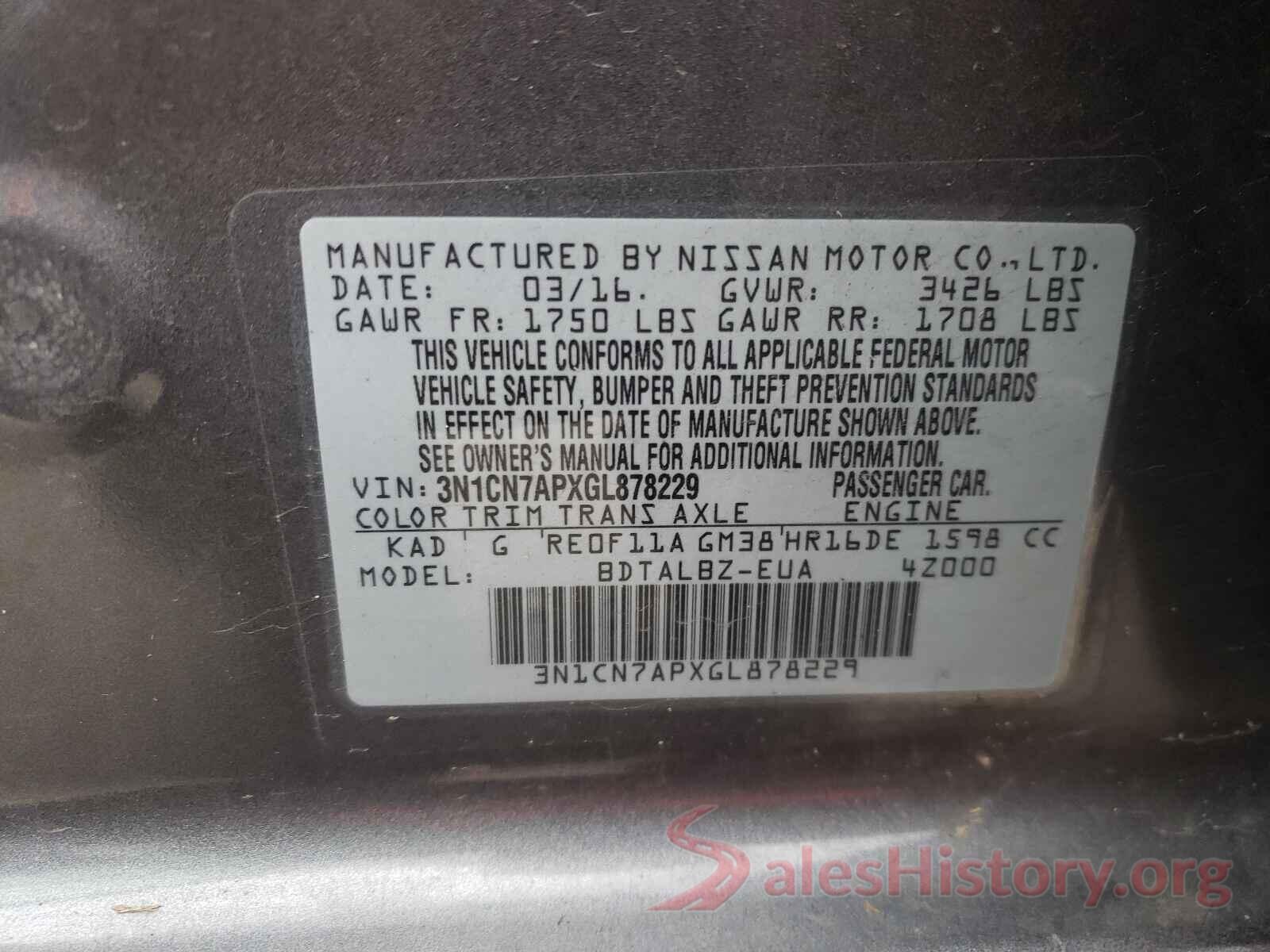 3N1CN7APXGL878229 2016 NISSAN VERSA