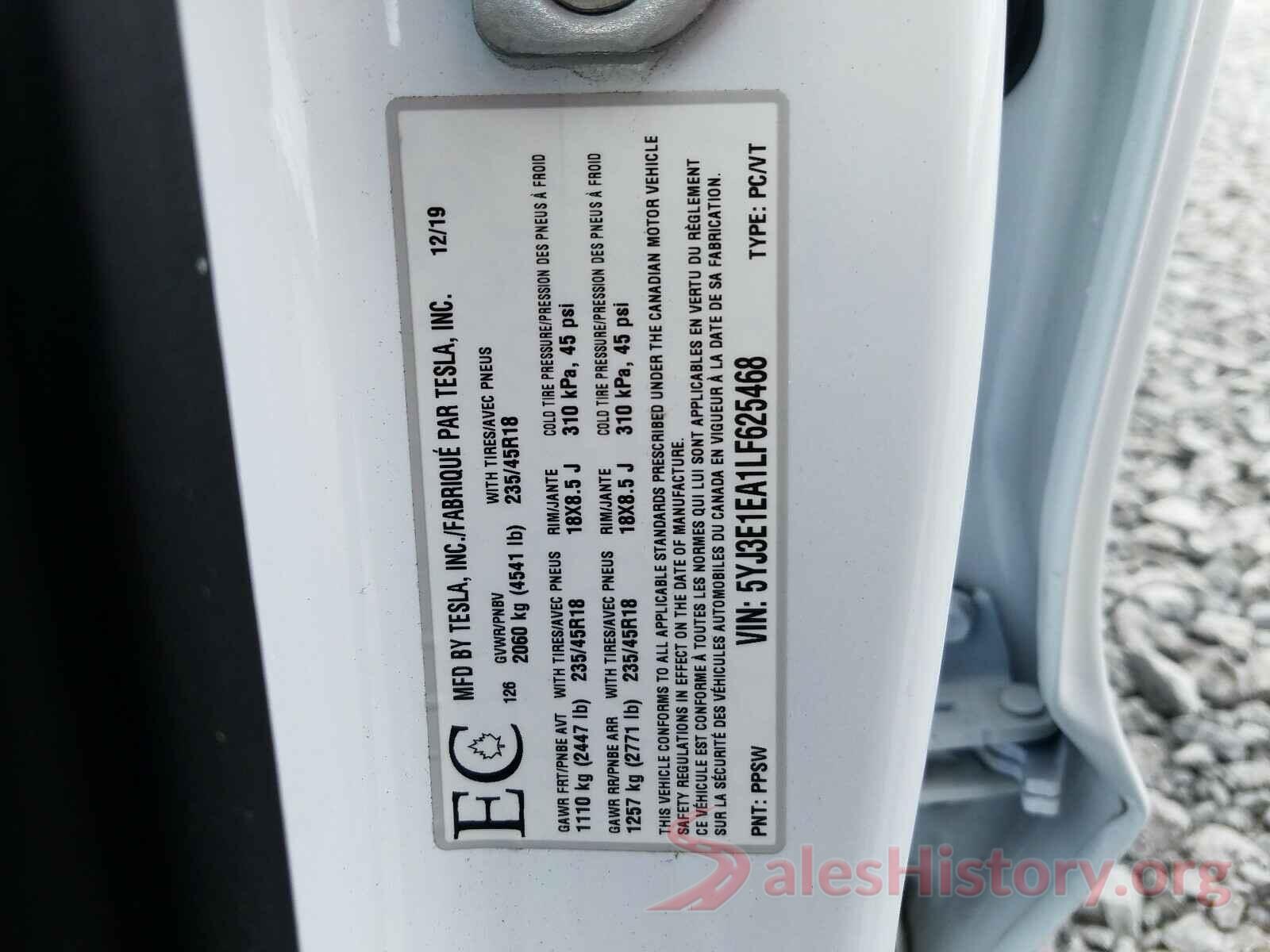 5YJ3E1EA1LF625468 2020 TESLA MODEL 3