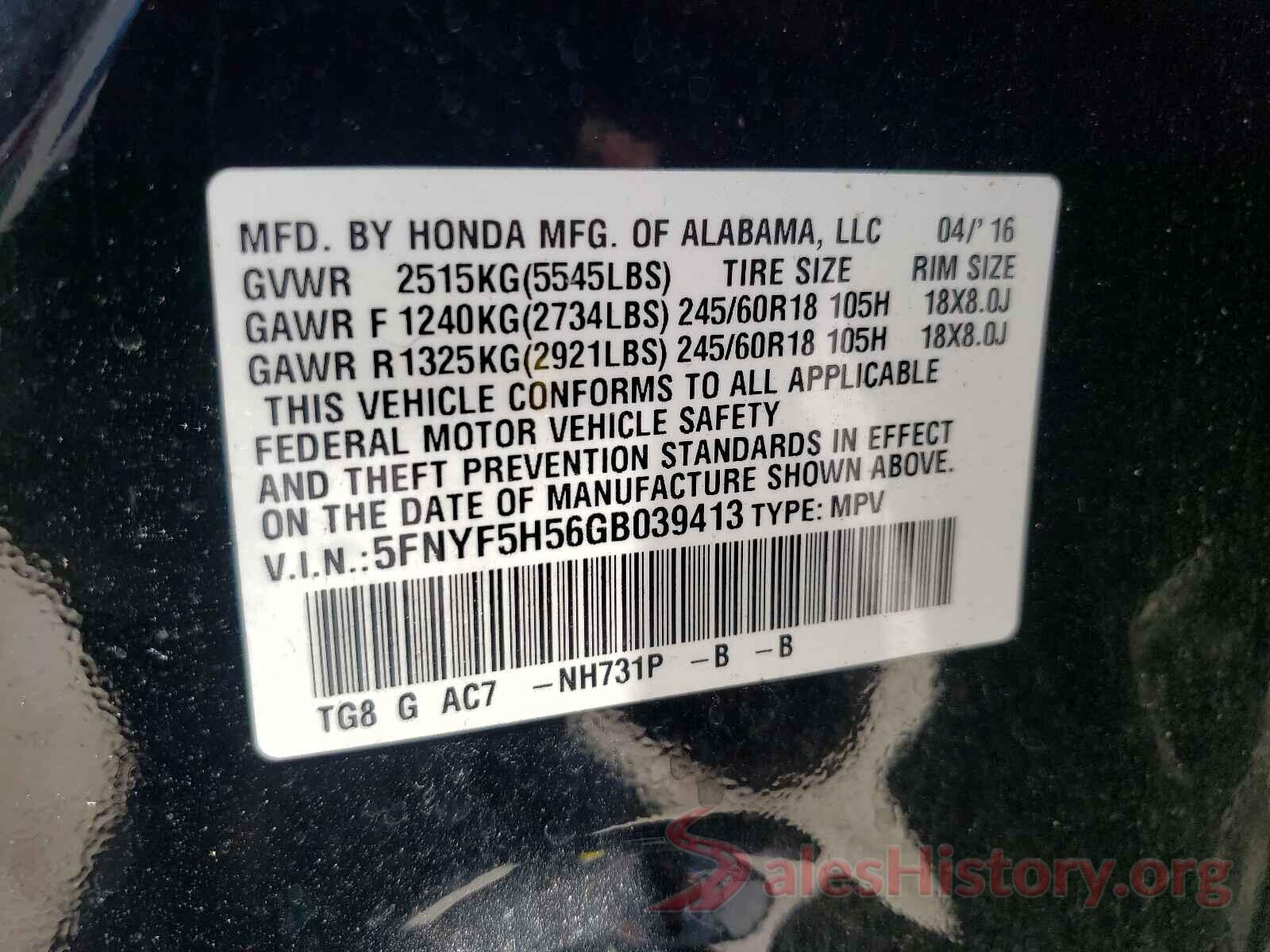 5FNYF5H56GB039413 2016 HONDA PILOT