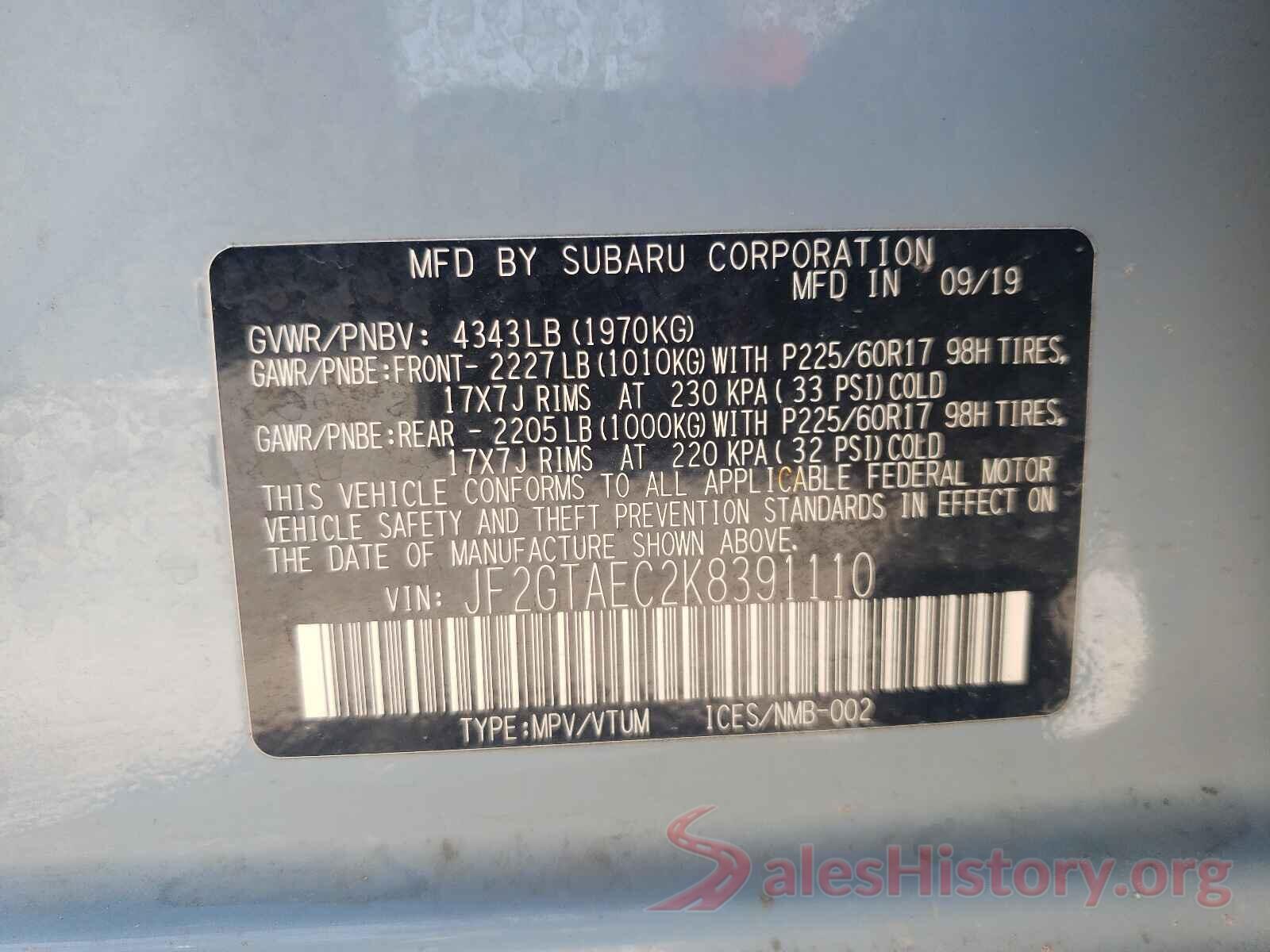 JF2GTAEC2K8391110 2019 SUBARU CROSSTREK