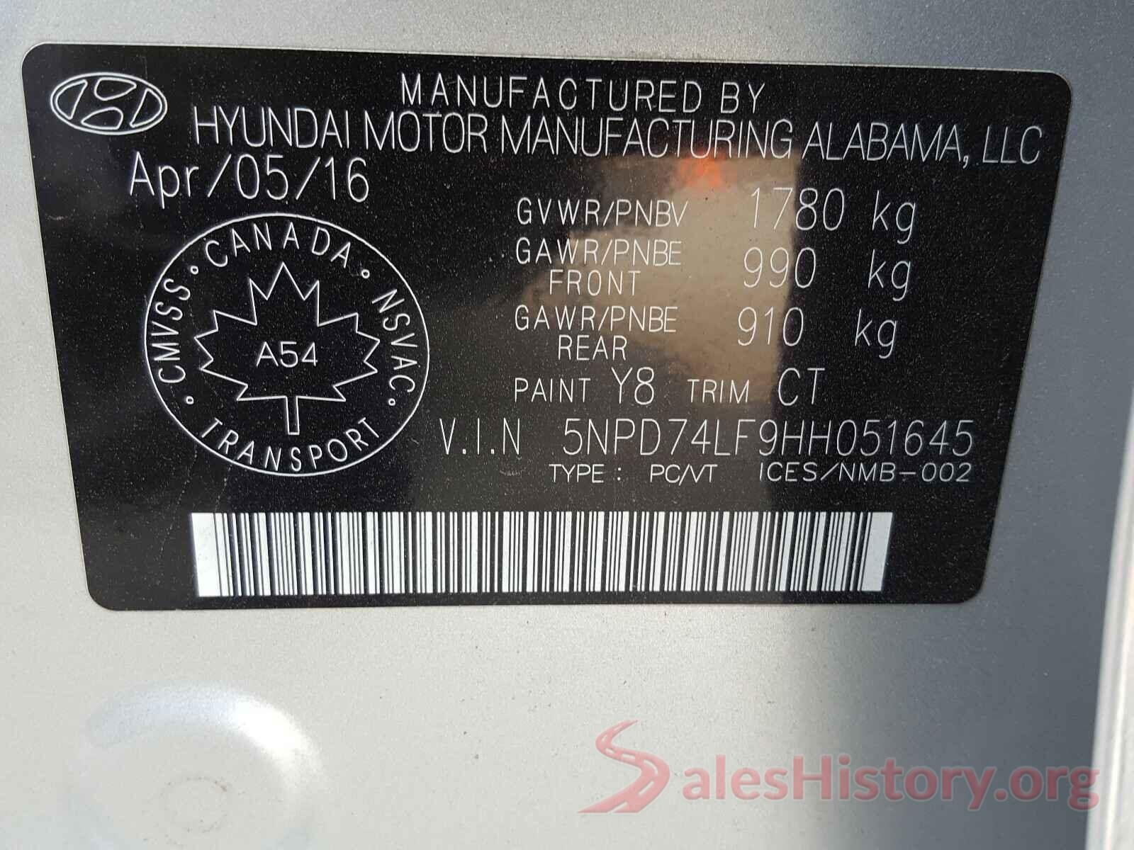 5NPD74LF9HH051645 2017 HYUNDAI ELANTRA