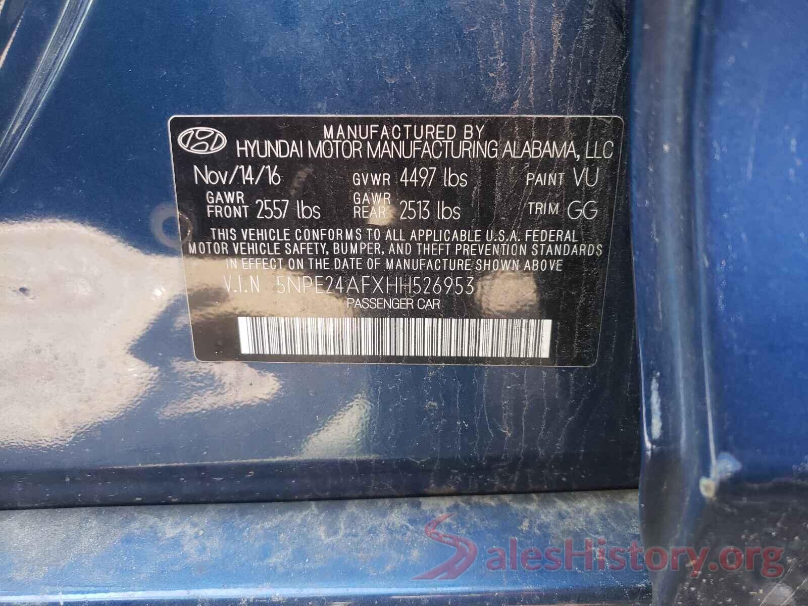 5NPE24AFXHH526953 2017 HYUNDAI SONATA