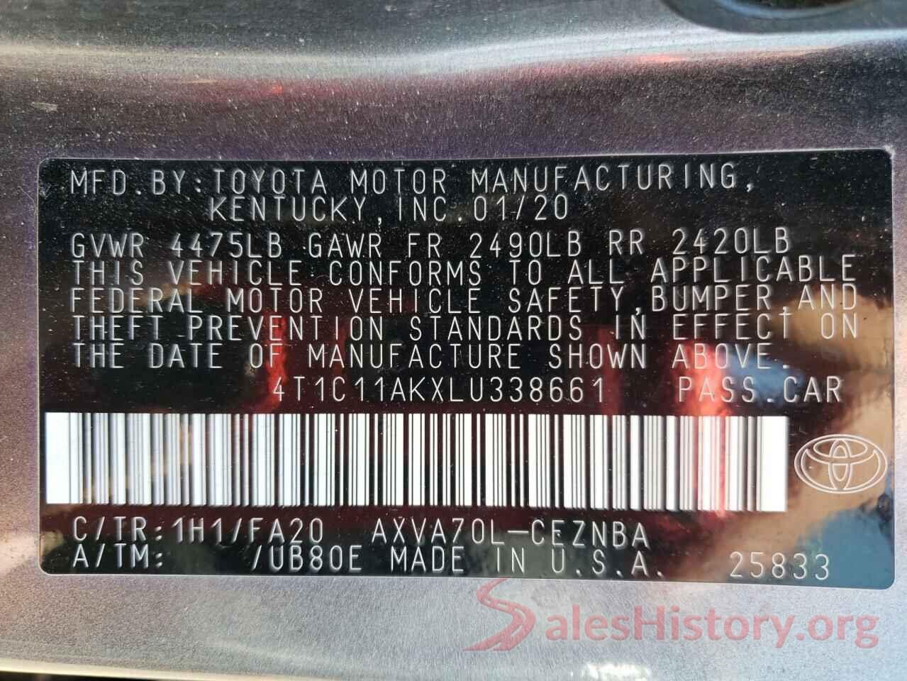 4T1C11AKXLU338661 2020 TOYOTA CAMRY