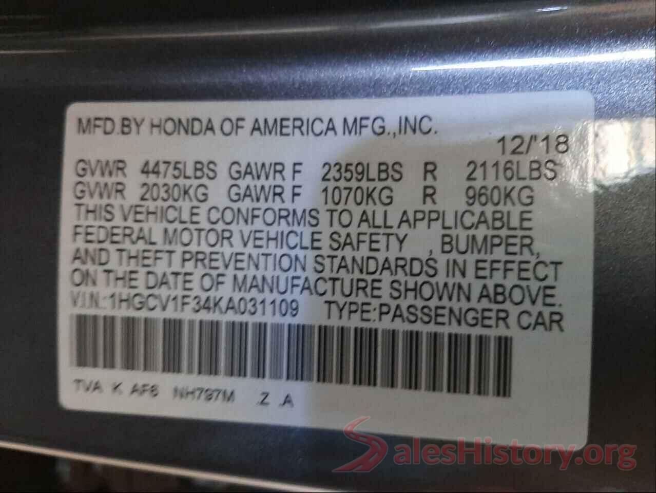 1HGCV1F34KA031109 2019 HONDA ACCORD