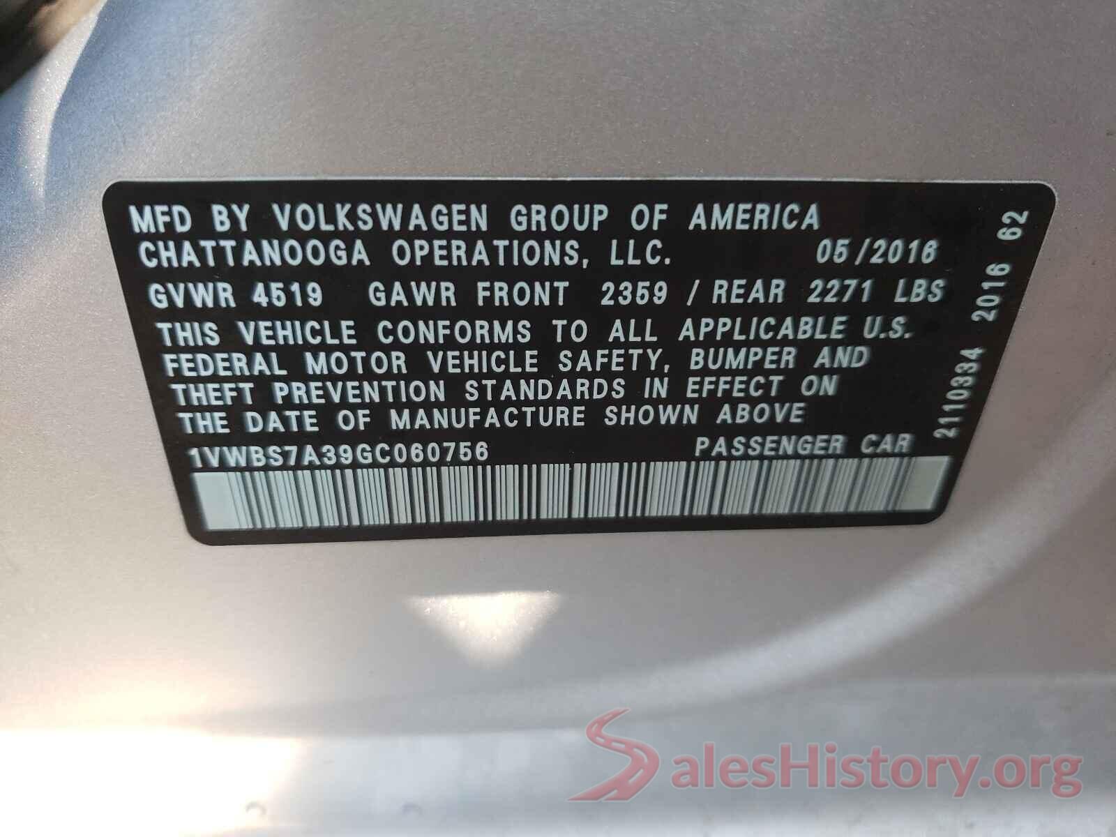 1VWBS7A39GC060756 2016 VOLKSWAGEN PASSAT