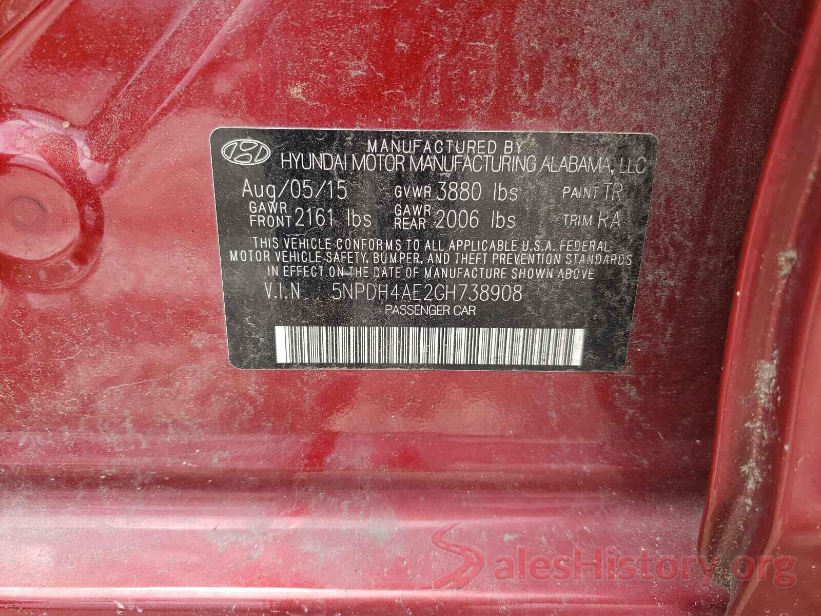 5NPDH4AE2GH738908 2016 HYUNDAI ELANTRA