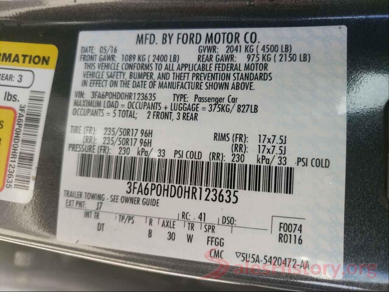 3FA6P0HD0HR123635 2017 FORD FUSION