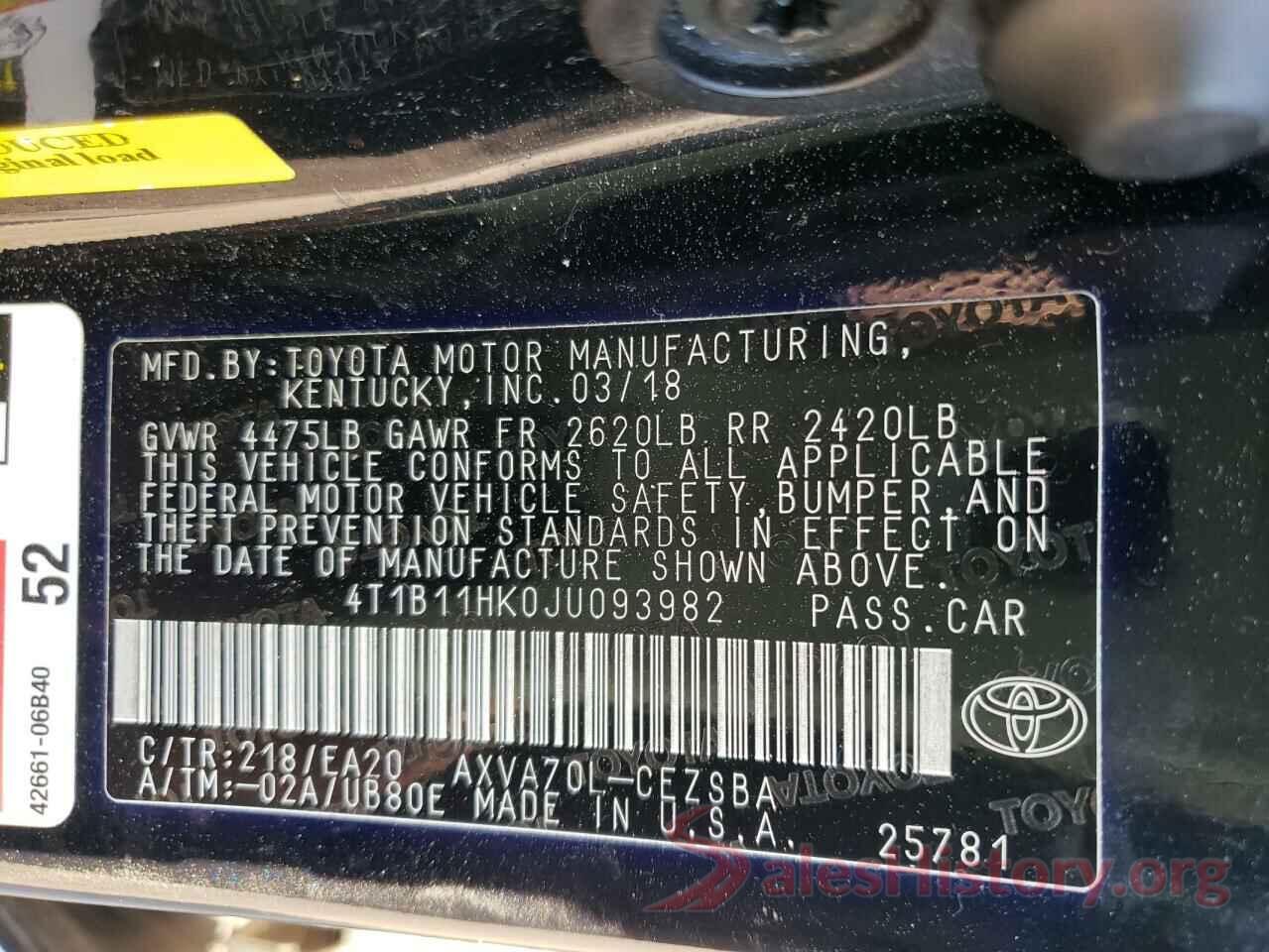 4T1B11HK0JU093982 2018 TOYOTA CAMRY