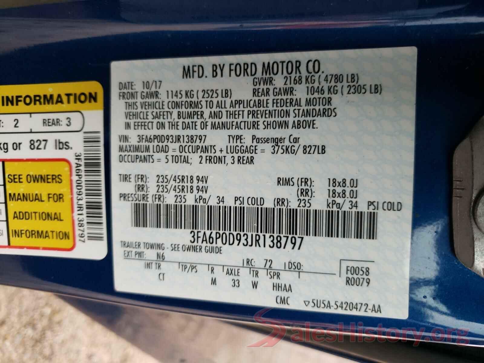 3FA6P0D93JR138797 2018 FORD FUSION