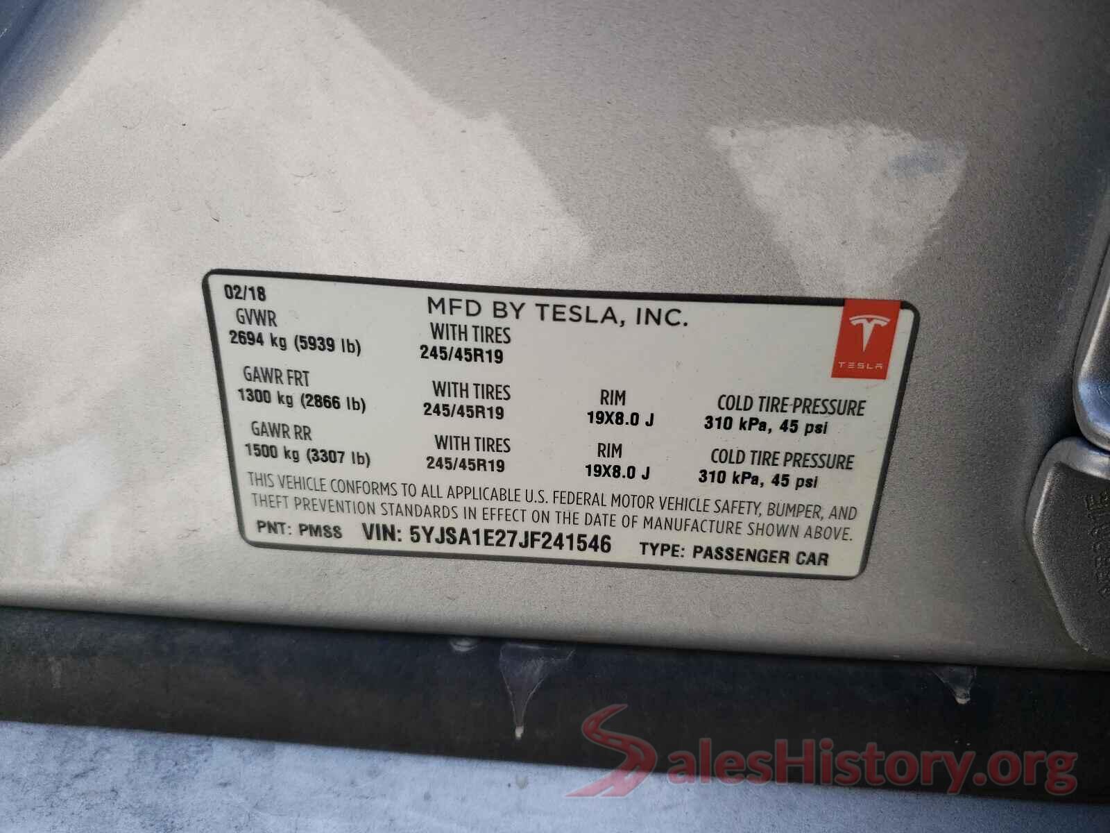 5YJSA1E27JF241546 2018 TESLA MODEL S