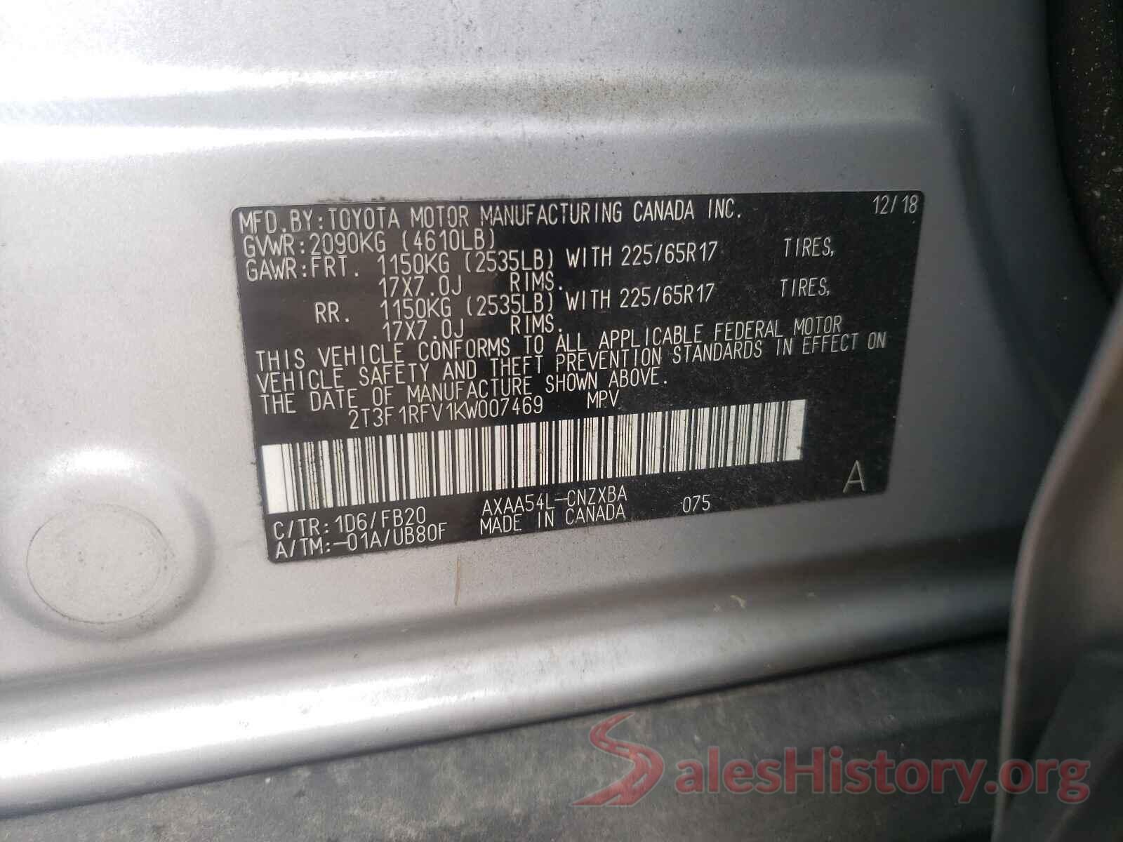 2T3F1RFV1KW007469 2019 TOYOTA RAV4