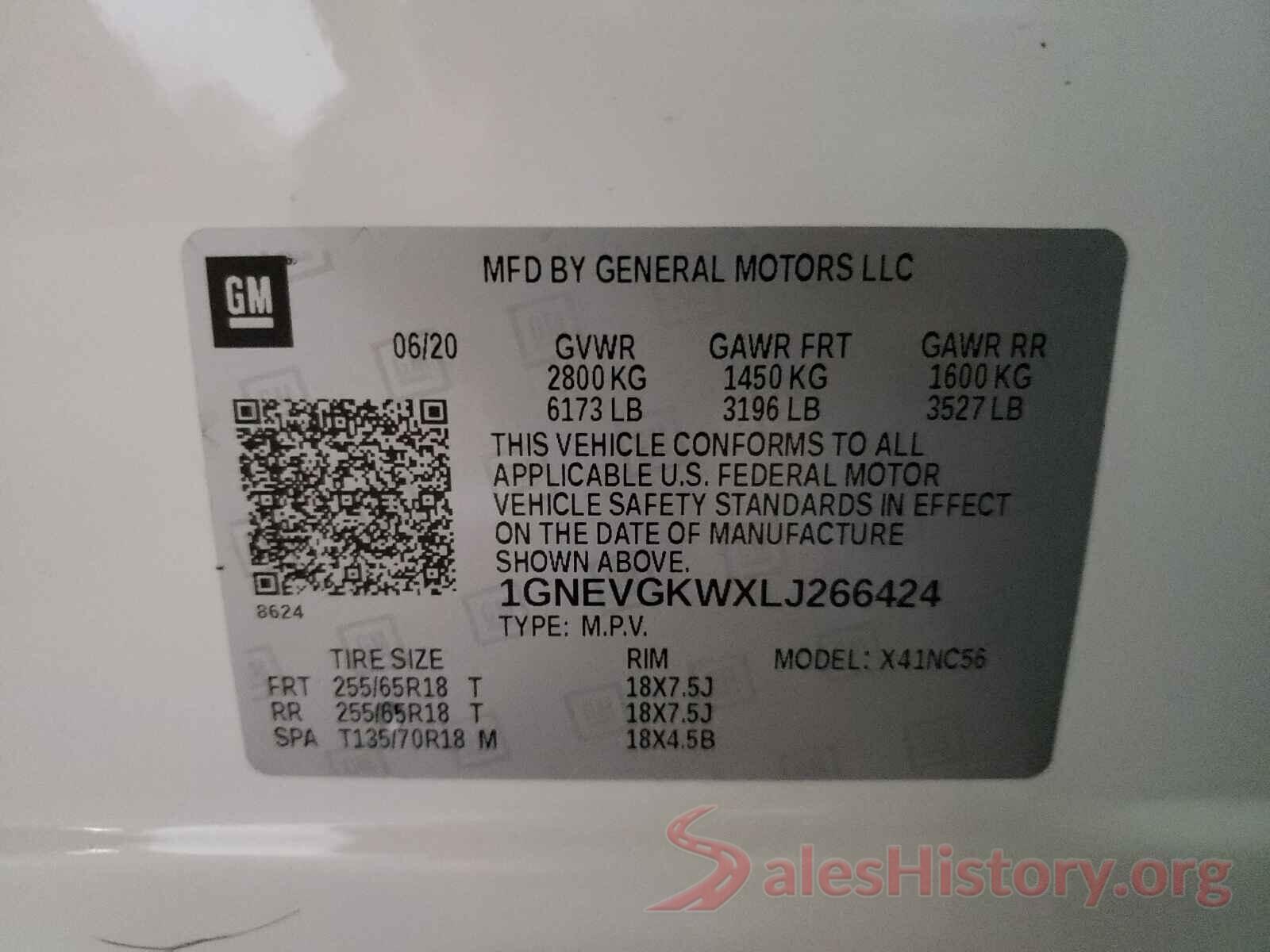 1GNEVGKWXLJ266424 2020 CHEVROLET TRAVERSE