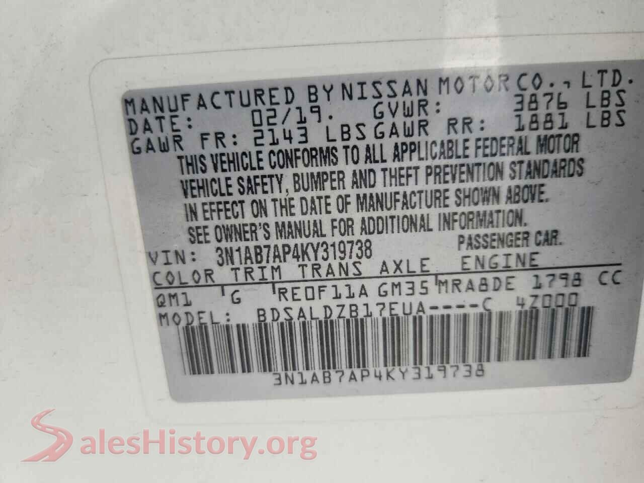 2019 NISSAN SENTRA VIN 3N1AB7AP4KY319738, wheel and tire