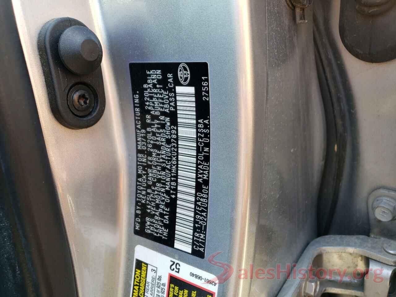 4T1B11HK6KU237892 2019 TOYOTA CAMRY