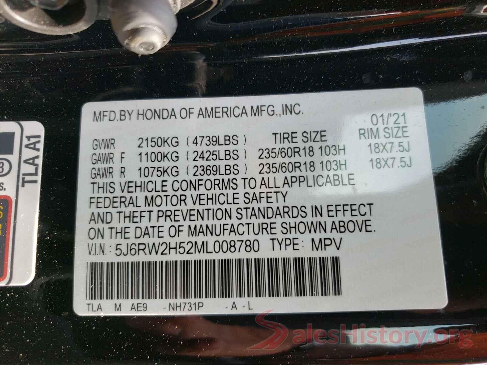 5J6RW2H52ML008780 2021 HONDA CRV