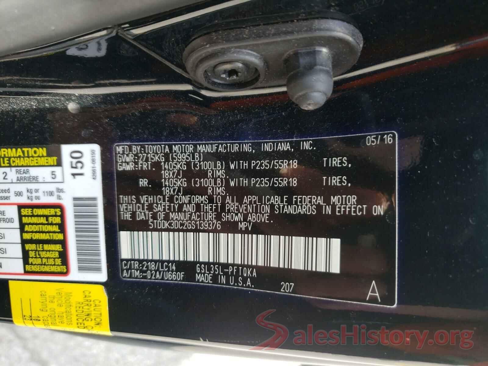 5TDDK3DC2GS139376 2016 TOYOTA SIENNA