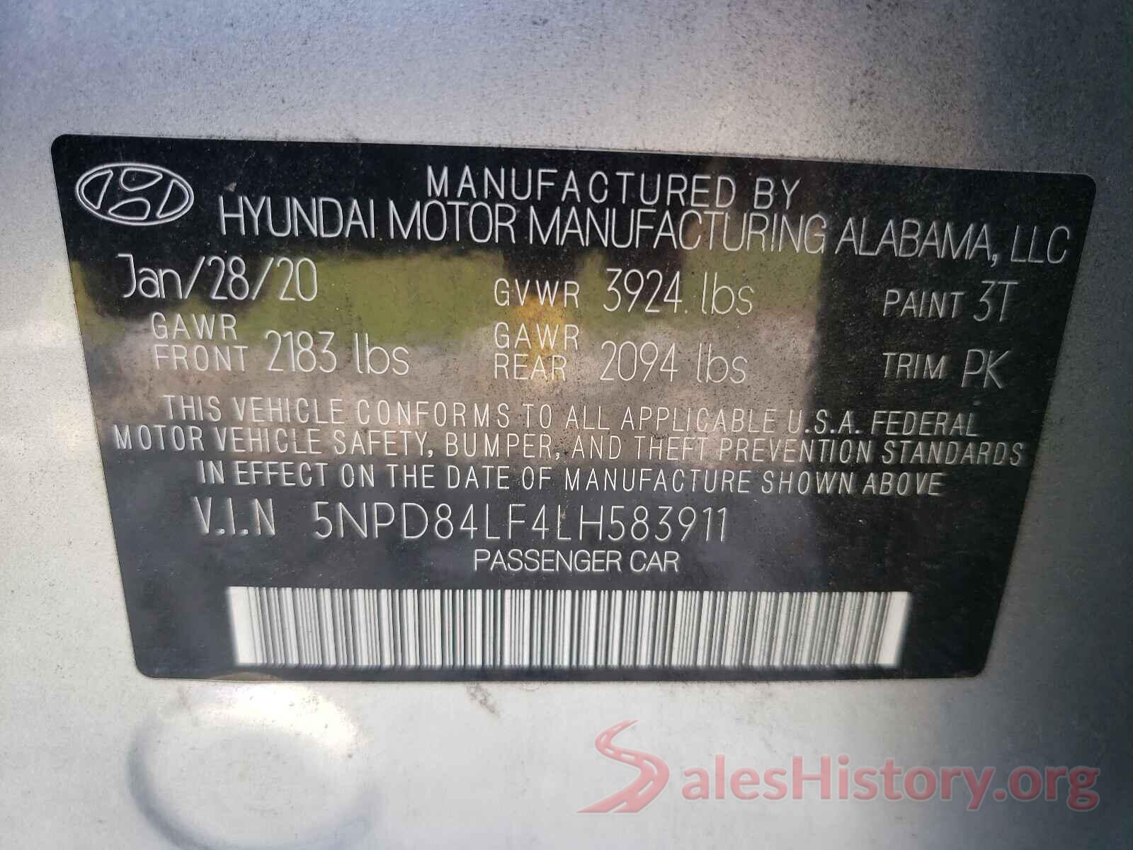 5NPD84LF4LH583911 2020 HYUNDAI ELANTRA