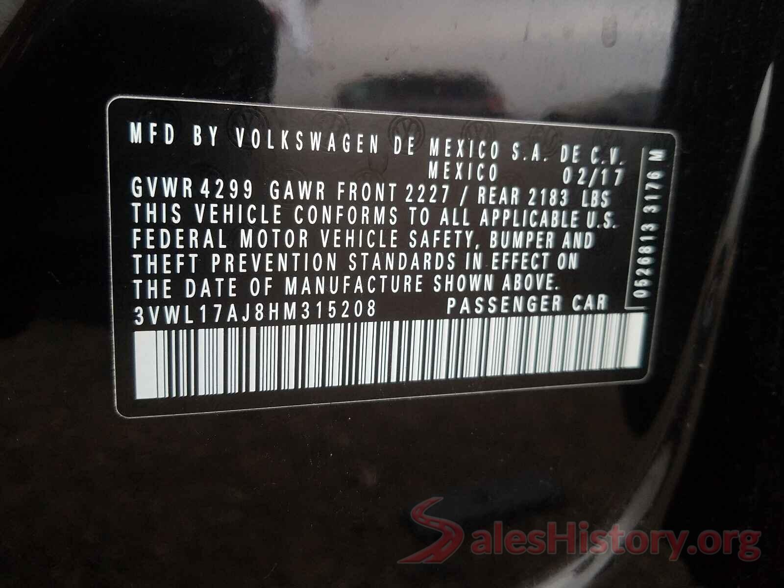 3VWL17AJ8HM315208 2017 VOLKSWAGEN JETTA