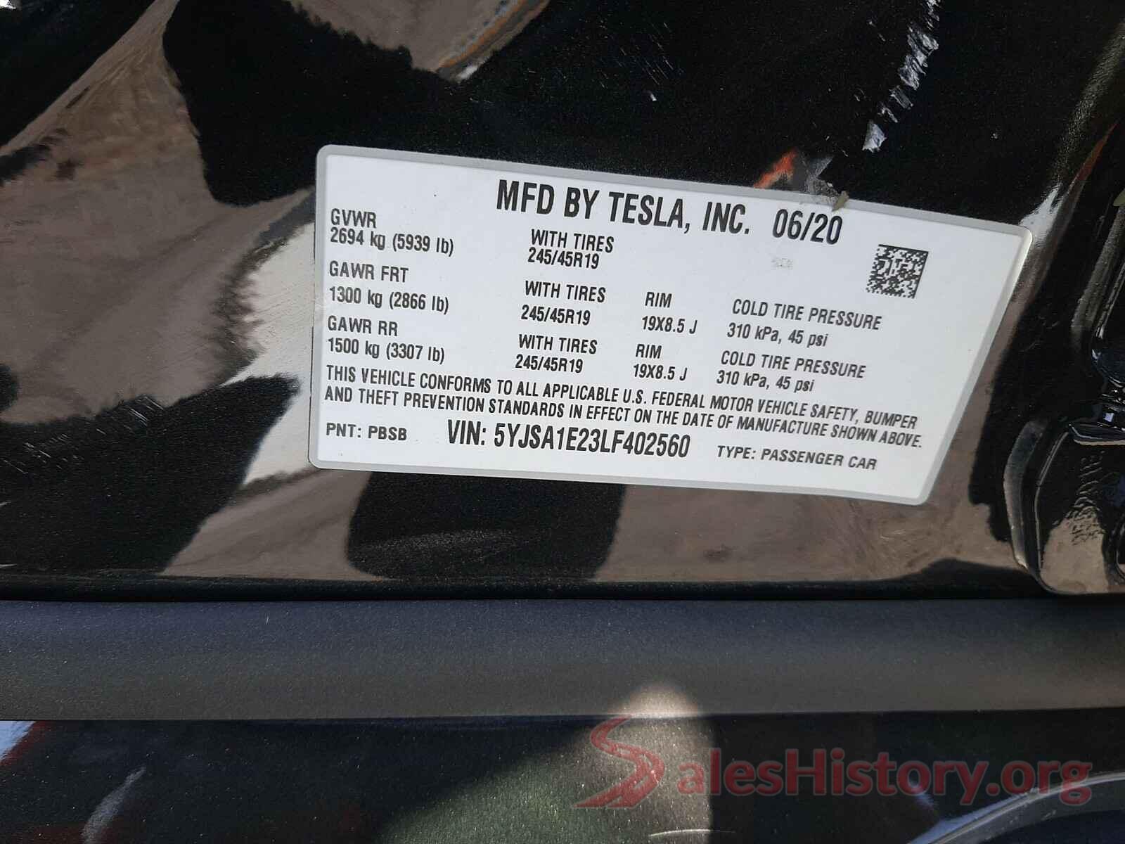 5YJSA1E23LF402560 2020 TESLA MODEL S