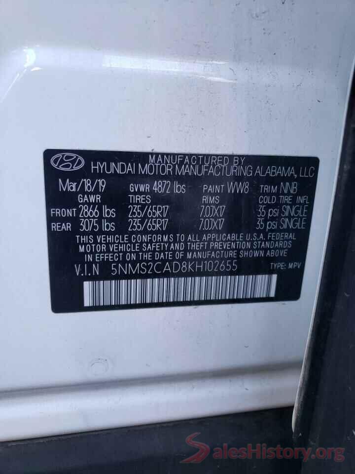 5NMS2CAD8KH102655 2019 HYUNDAI SANTA FE