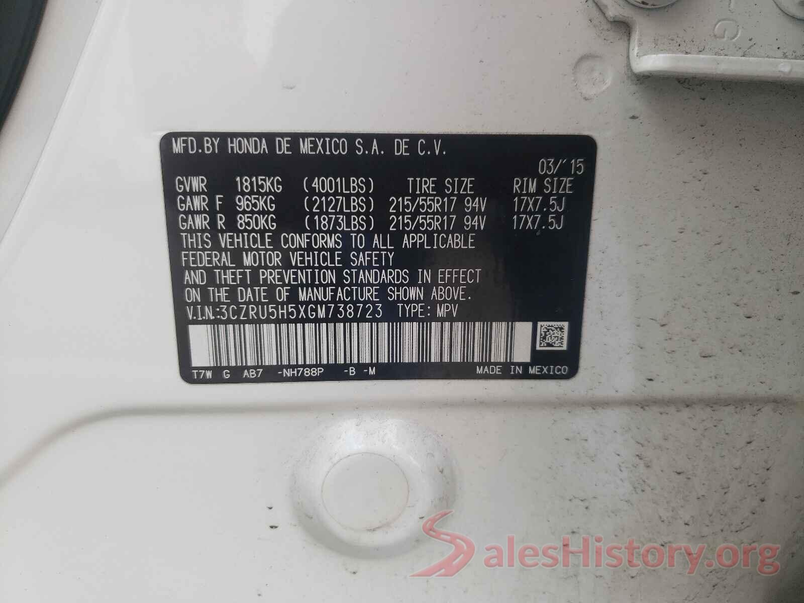 3CZRU5H5XGM738723 2016 HONDA HR-V