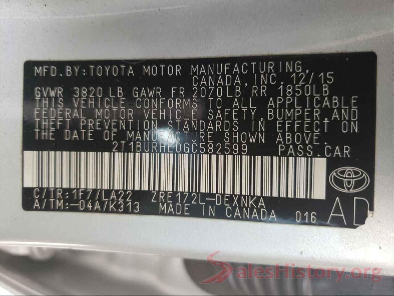 2T1BURHE0GC582599 2016 TOYOTA COROLLA