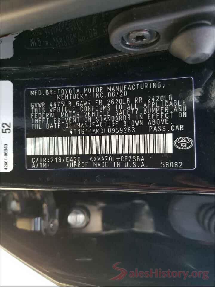 4T1G11AK0LU959263 2020 TOYOTA CAMRY