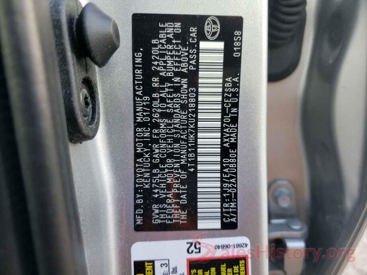 4T1B11HK7KU218803 2019 TOYOTA CAMRY