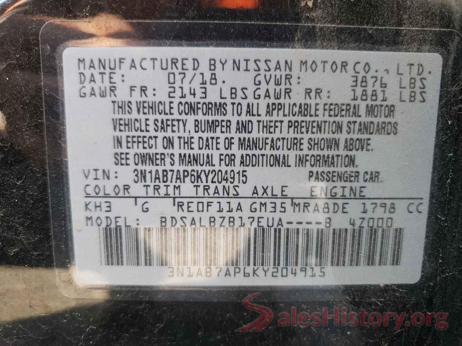 3N1AB7AP6KY204915 2019 NISSAN SENTRA