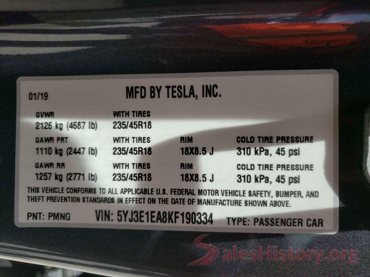 5YJ3E1EA8KF190334 2019 TESLA MODEL 3