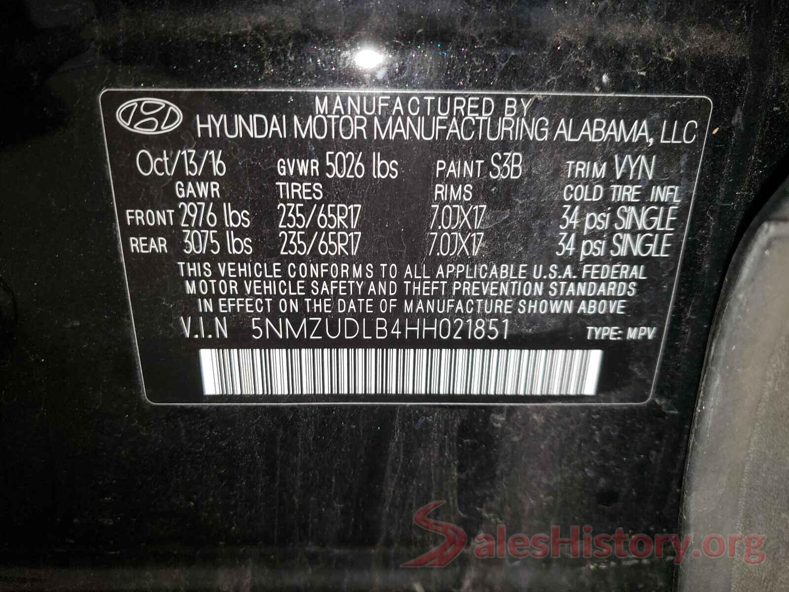 5NMZUDLB4HH021851 2017 HYUNDAI SANTA FE