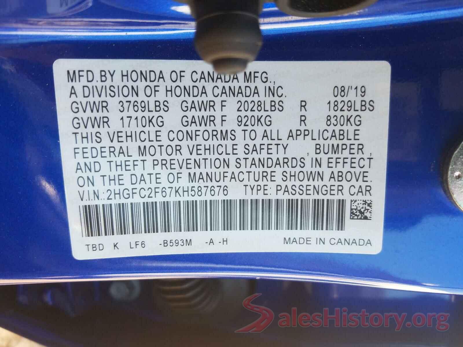 2HGFC2F67KH587676 2019 HONDA CIVIC