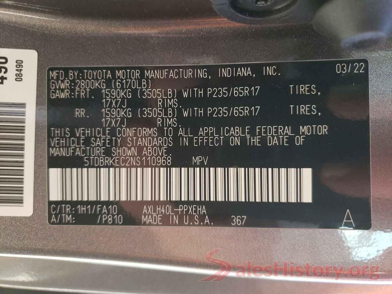 5TDBRKEC2NS110968 2022 TOYOTA SIENNA