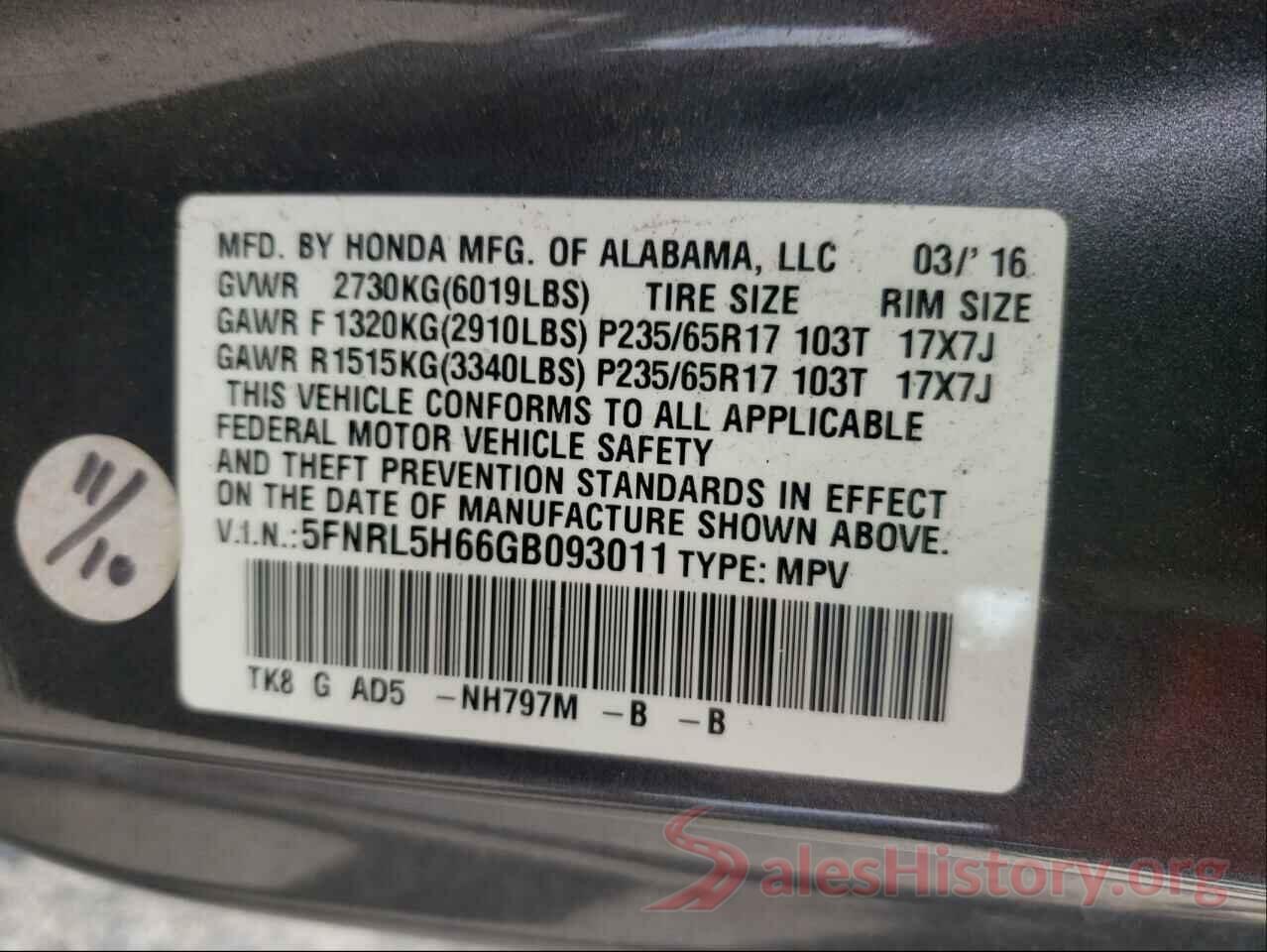 5FNRL5H66GB093011 2016 HONDA ODYSSEY