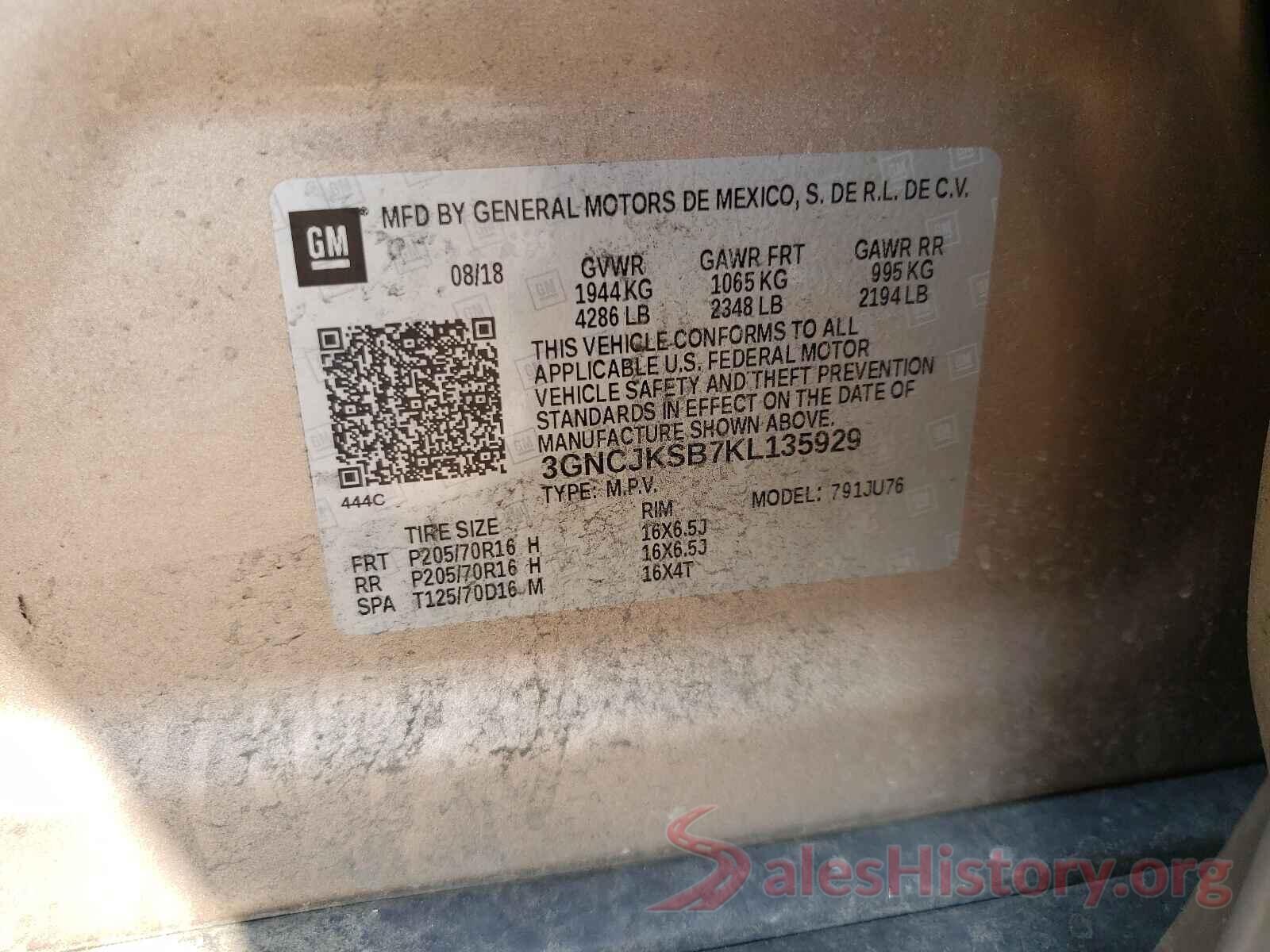 3GNCJKSB7KL135929 2019 CHEVROLET TRAX