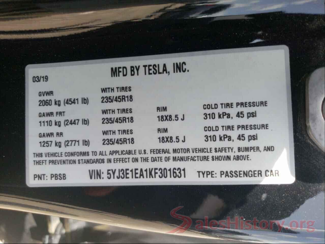 5YJ3E1EA1KF301631 2019 TESLA MODEL 3