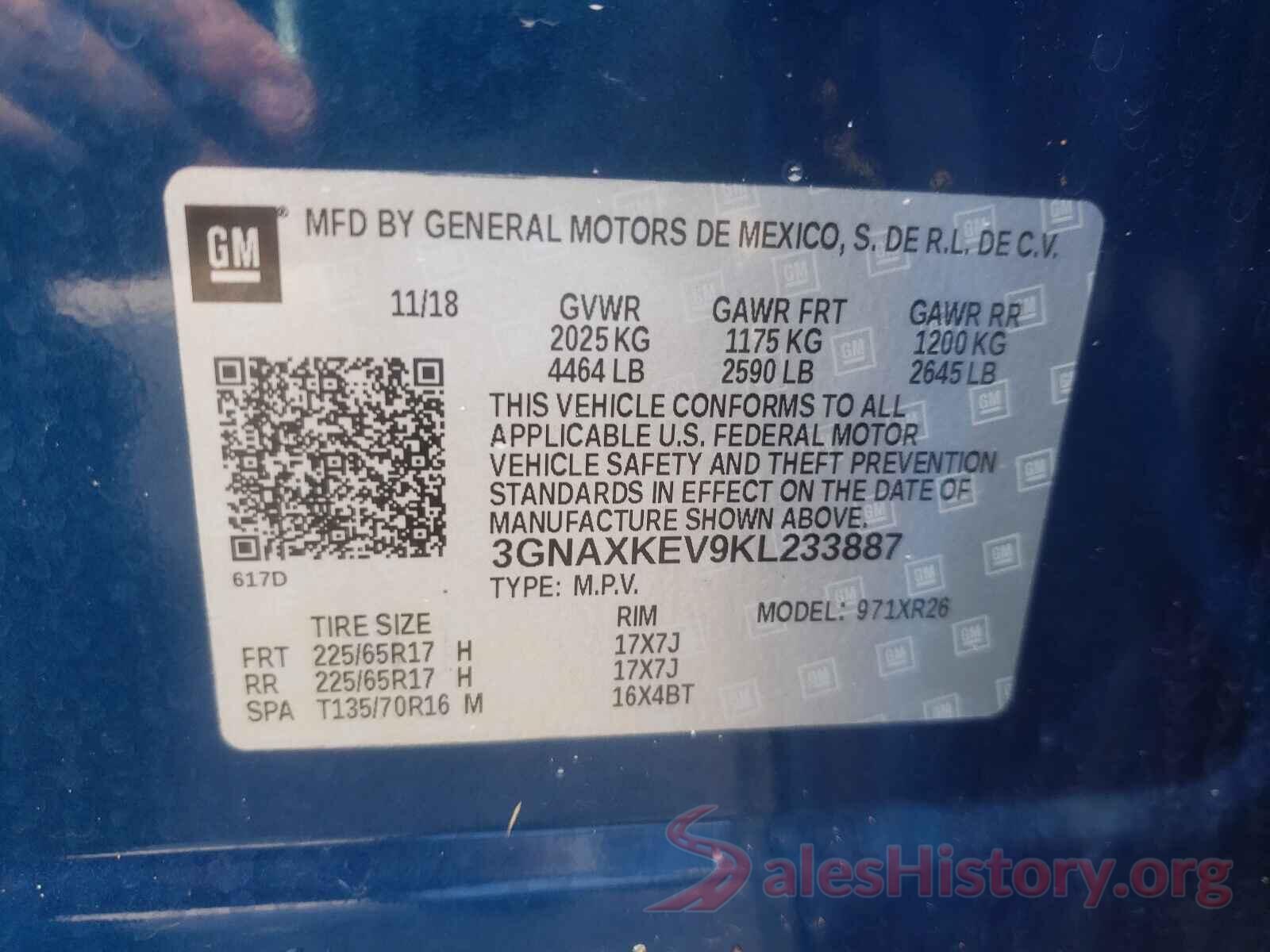 3GNAXKEV9KL233887 2019 CHEVROLET EQUINOX