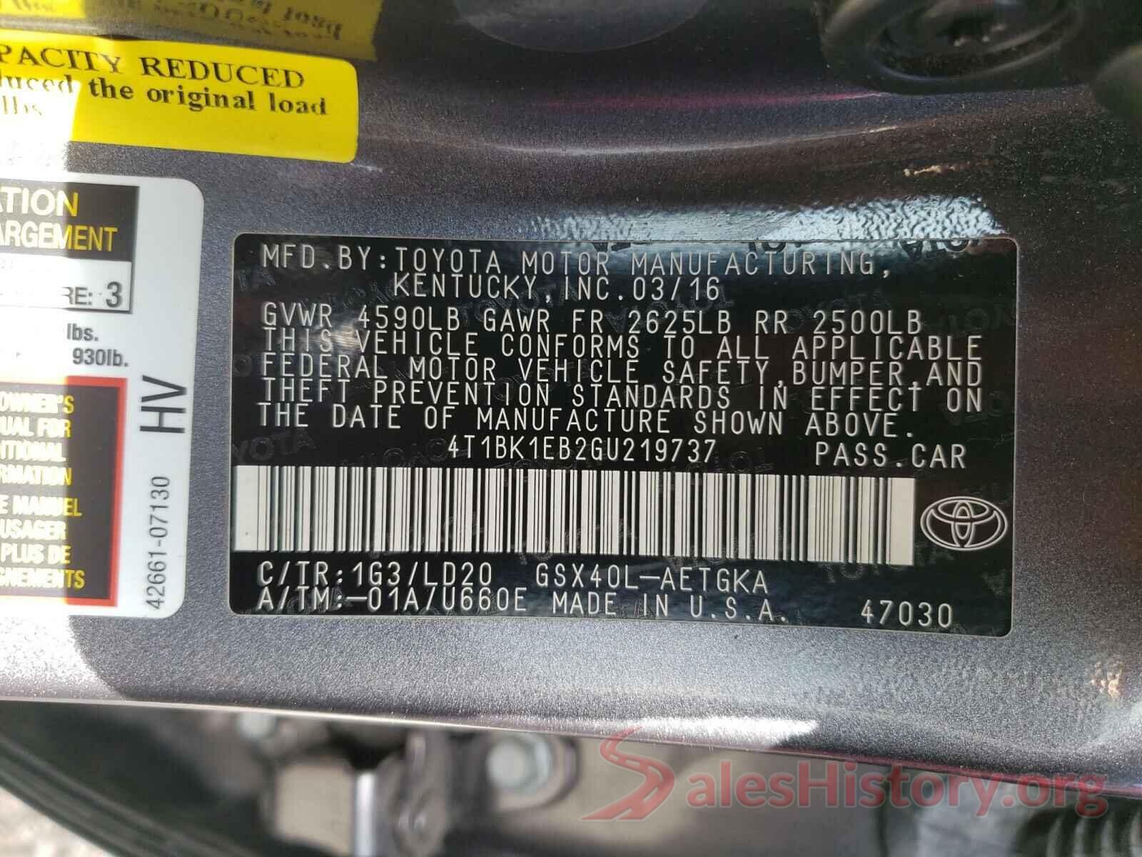 4T1BK1EB2GU219737 2016 TOYOTA AVALON