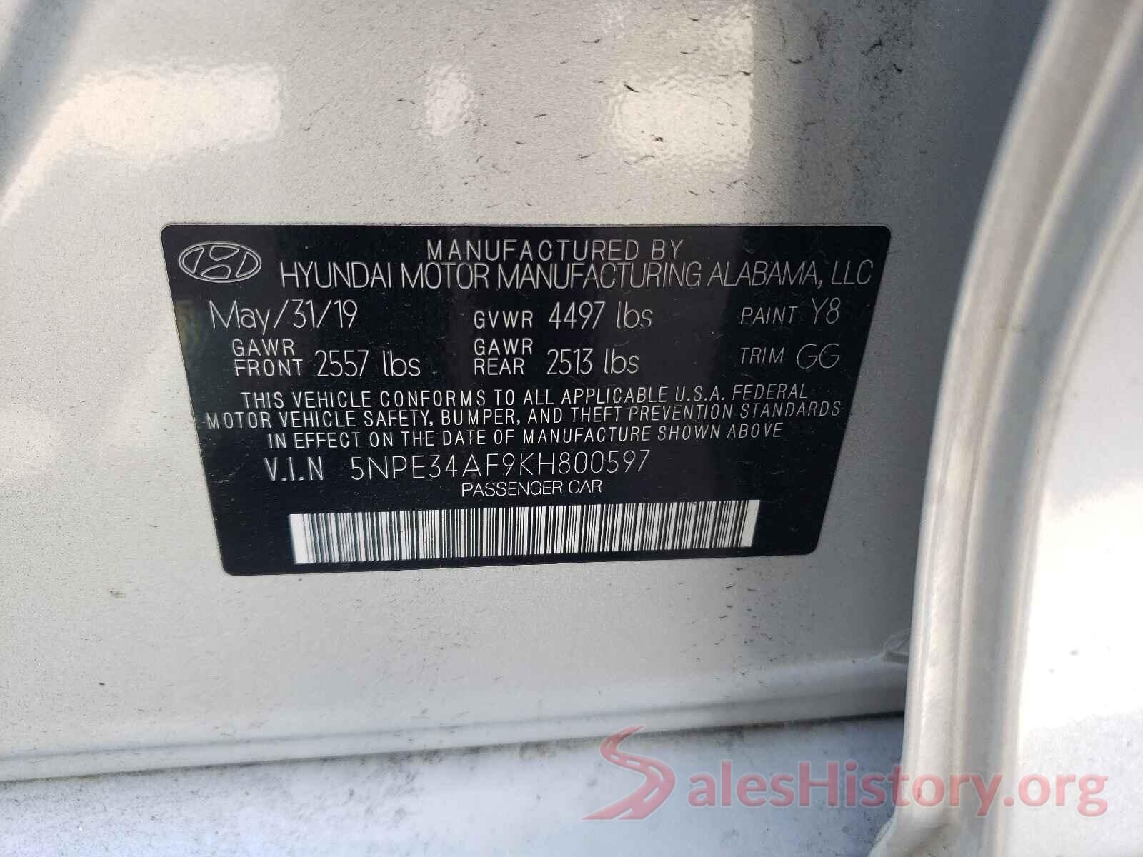 5NPE34AF9KH800597 2019 HYUNDAI SONATA