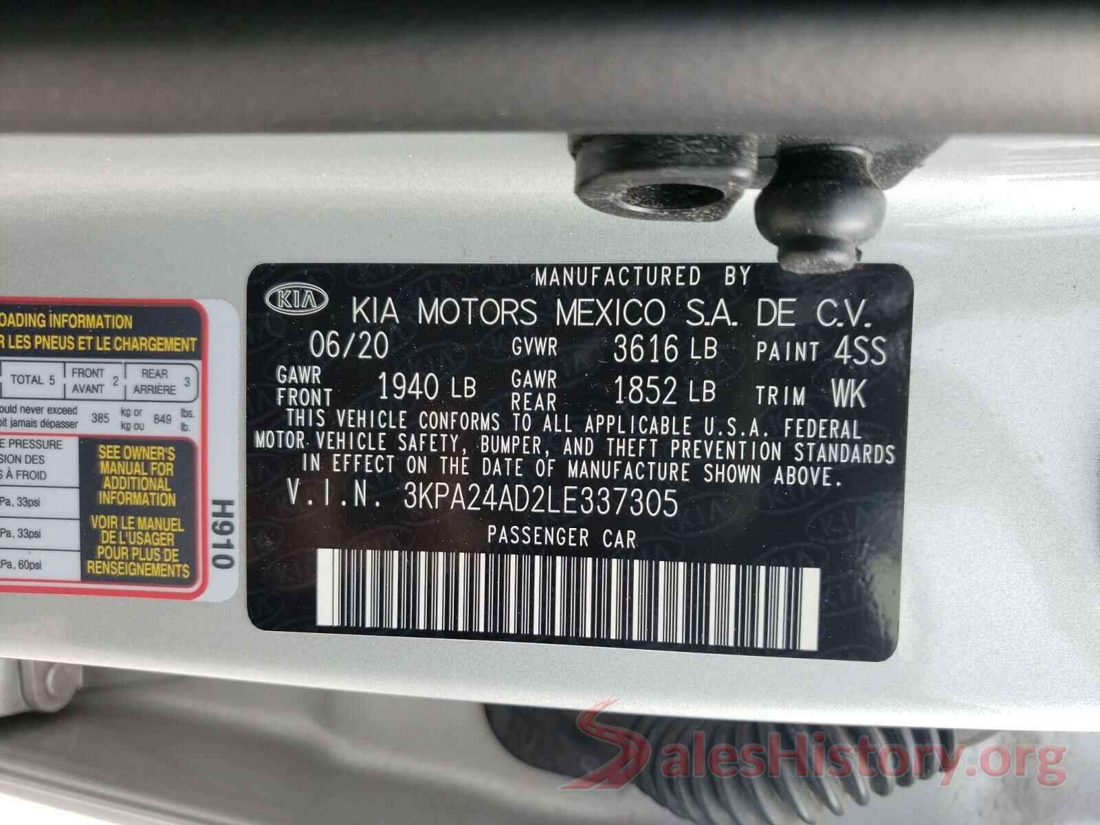 3KPA24AD2LE337305 2020 KIA RIO