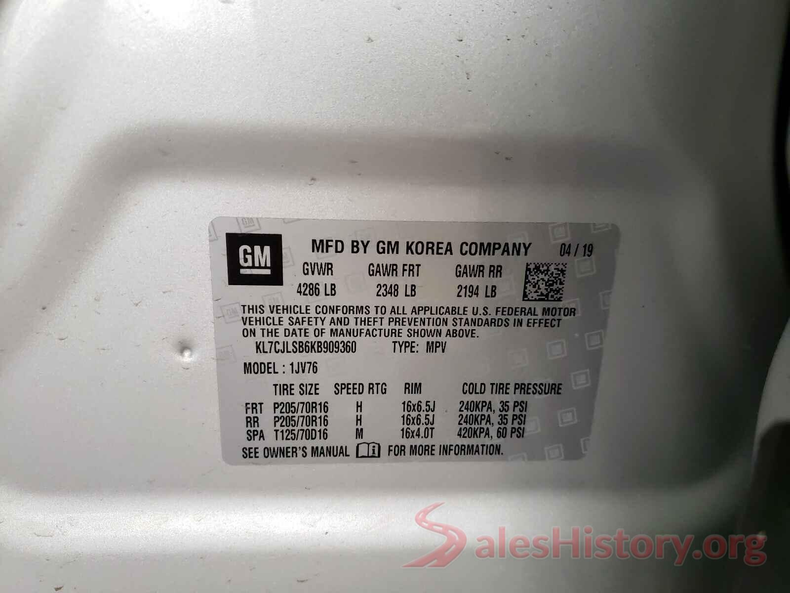 KL7CJLSB6KB909360 2019 CHEVROLET TRAX