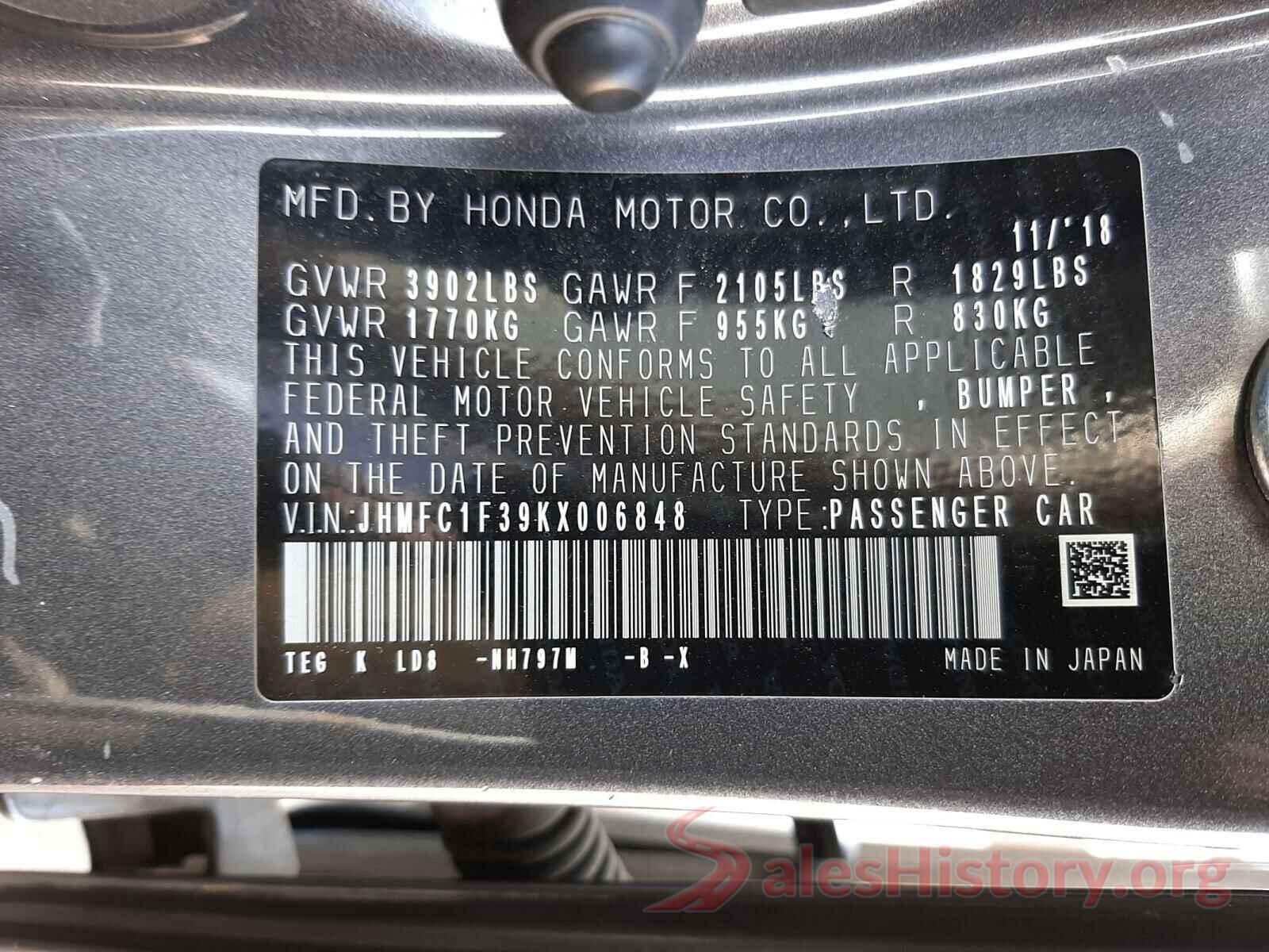 JHMFC1F39KX006848 2019 HONDA CIVIC