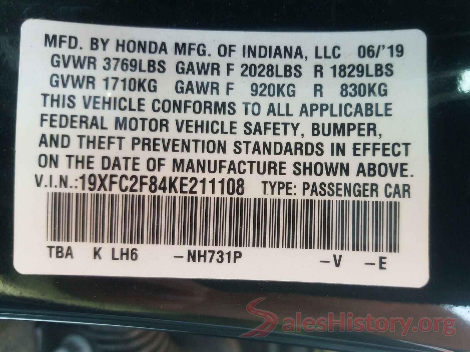 19XFC2F84KE211108 2019 HONDA CIVIC