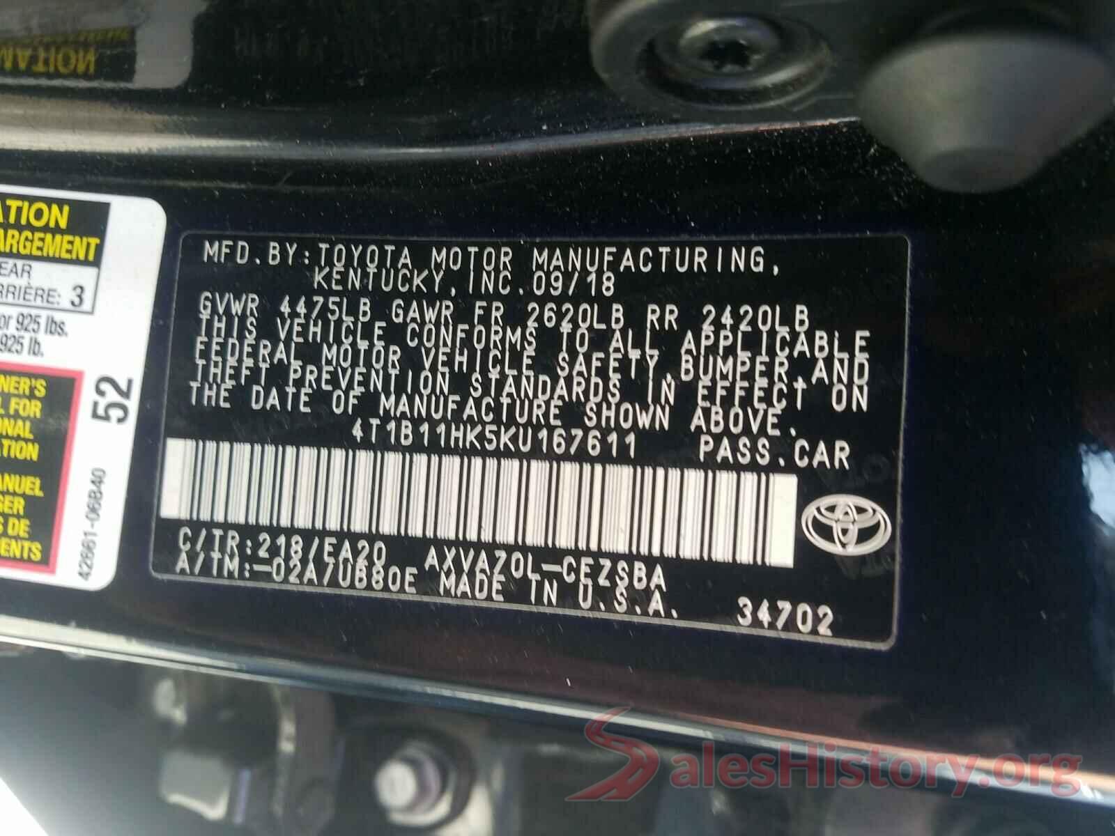 4T1B11HK5KU167611 2019 TOYOTA CAMRY