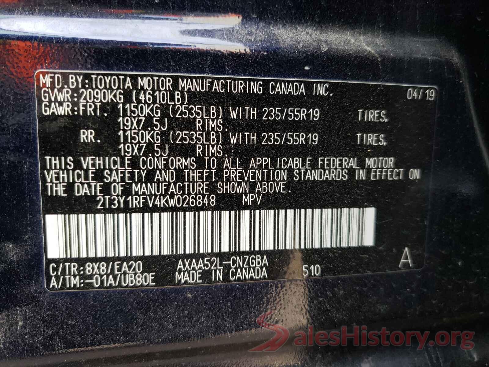 2T3Y1RFV4KW026848 2019 TOYOTA RAV4