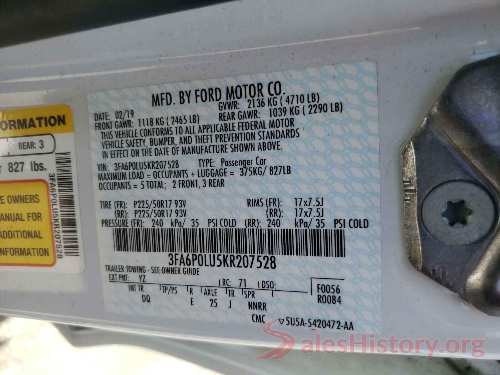 3FA6P0LU5KR207528 2019 FORD FUSION